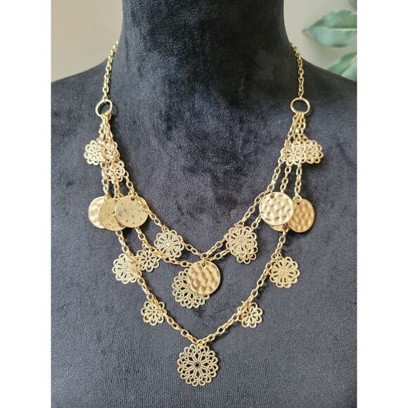 Women's Layered Gold Necklace With Filigree Charms And Lobster Claw Lock - Picture 2 of 6